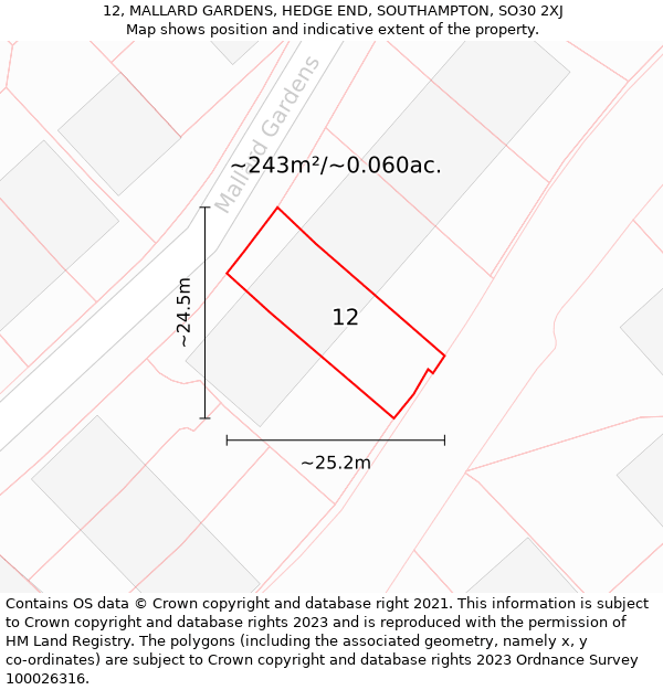 12, MALLARD GARDENS, HEDGE END, SOUTHAMPTON, SO30 2XJ: Plot and title map