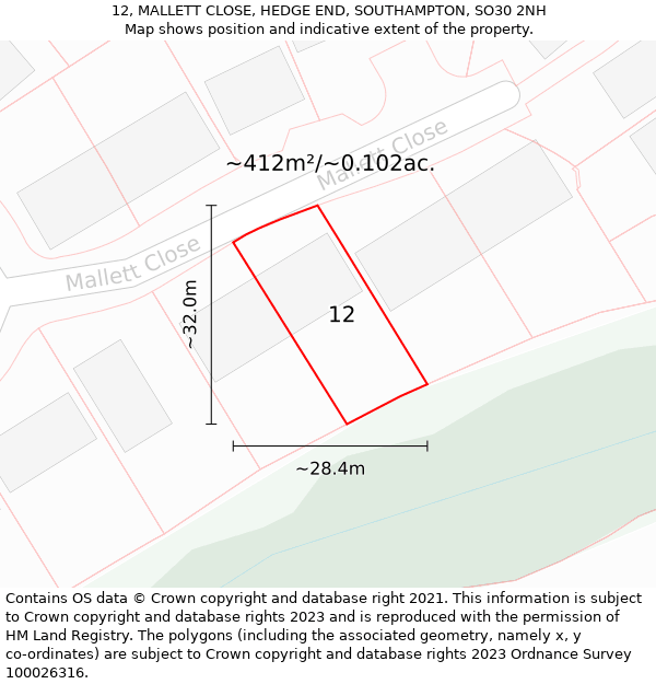 12, MALLETT CLOSE, HEDGE END, SOUTHAMPTON, SO30 2NH: Plot and title map