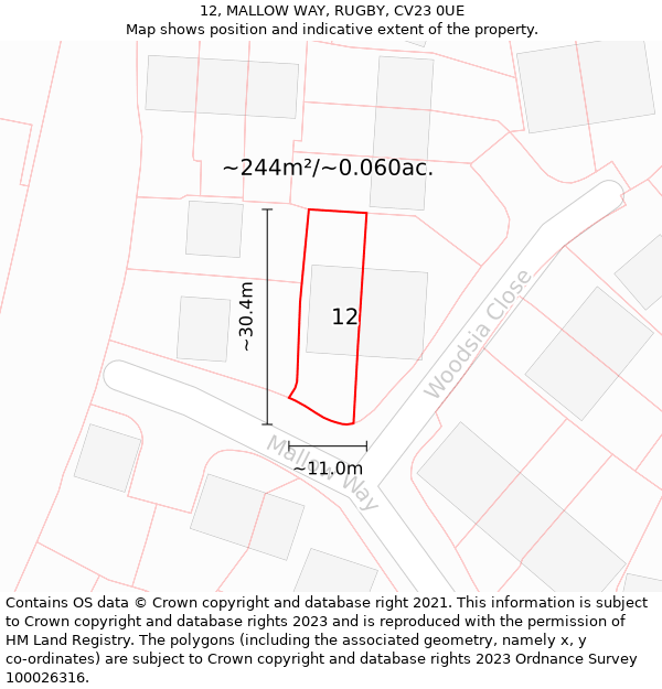 12, MALLOW WAY, RUGBY, CV23 0UE: Plot and title map