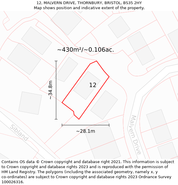 12, MALVERN DRIVE, THORNBURY, BRISTOL, BS35 2HY: Plot and title map