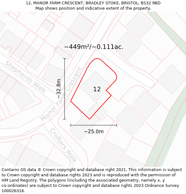 12, MANOR FARM CRESCENT, BRADLEY STOKE, BRISTOL, BS32 9BD: Plot and title map