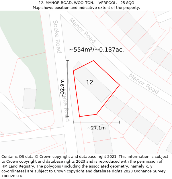 12, MANOR ROAD, WOOLTON, LIVERPOOL, L25 8QG: Plot and title map