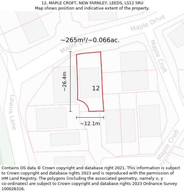 12, MAPLE CROFT, NEW FARNLEY, LEEDS, LS12 5RU: Plot and title map