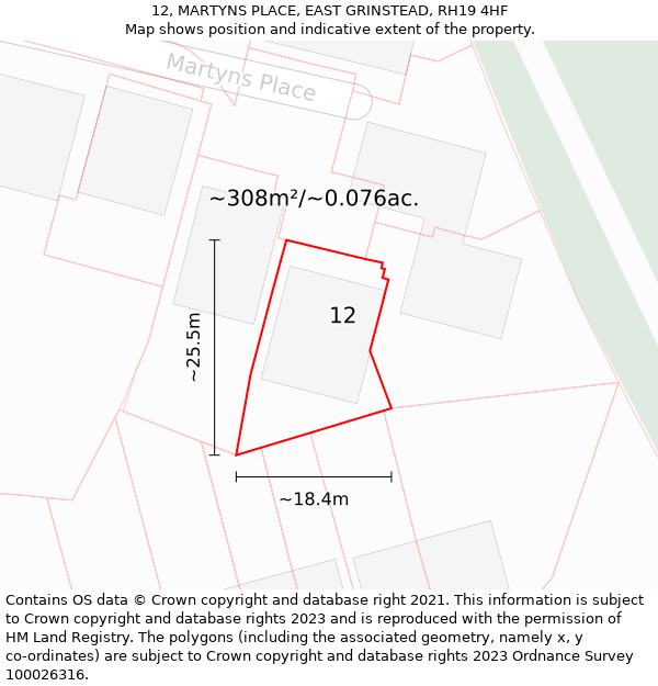 12, MARTYNS PLACE, EAST GRINSTEAD, RH19 4HF: Plot and title map