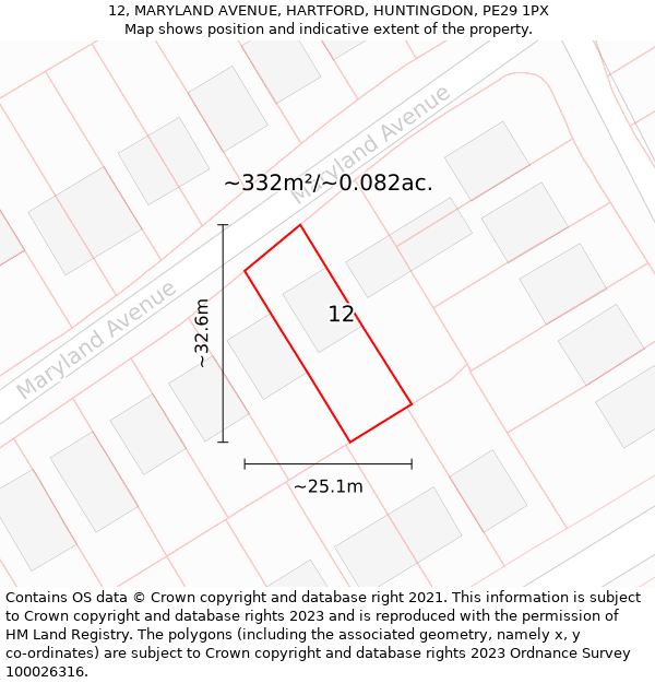 12, MARYLAND AVENUE, HARTFORD, HUNTINGDON, PE29 1PX: Plot and title map