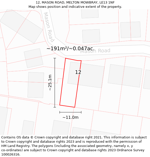 12, MASON ROAD, MELTON MOWBRAY, LE13 1NF: Plot and title map