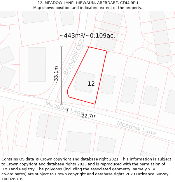 12, MEADOW LANE, HIRWAUN, ABERDARE, CF44 9PU: Plot and title map