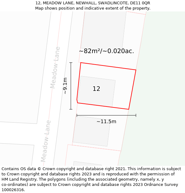 12, MEADOW LANE, NEWHALL, SWADLINCOTE, DE11 0QR: Plot and title map