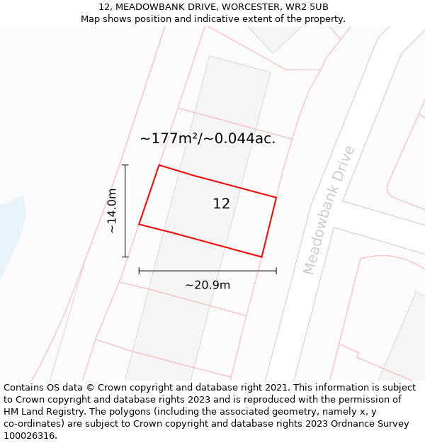 12, MEADOWBANK DRIVE, WORCESTER, WR2 5UB: Plot and title map