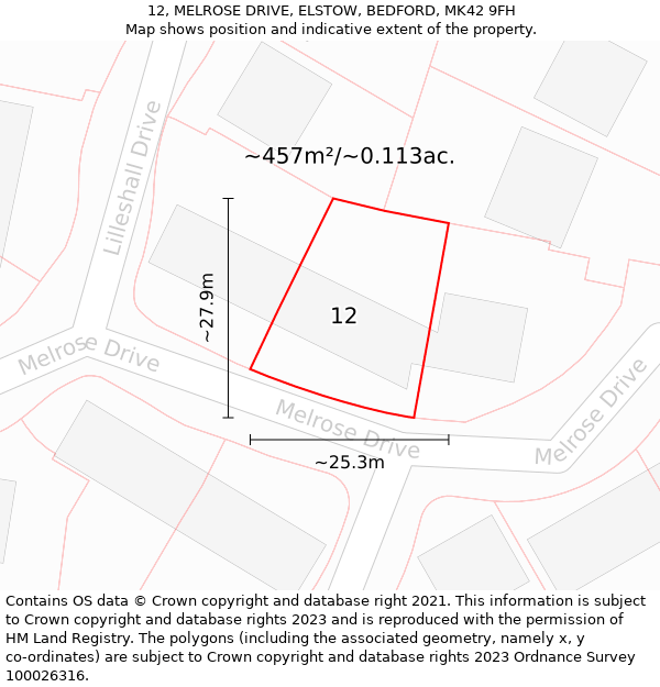 12, MELROSE DRIVE, ELSTOW, BEDFORD, MK42 9FH: Plot and title map