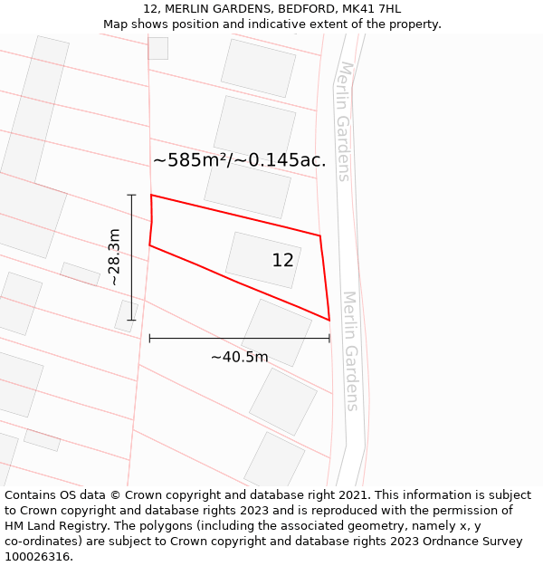 12, MERLIN GARDENS, BEDFORD, MK41 7HL: Plot and title map