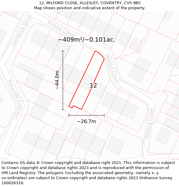 12, MILFORD CLOSE, ALLESLEY, COVENTRY, CV5 9BS: Plot and title map