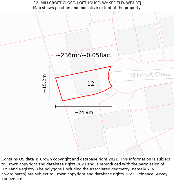 12, MILLCROFT CLOSE, LOFTHOUSE, WAKEFIELD, WF3 3TJ: Plot and title map