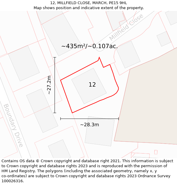 12, MILLFIELD CLOSE, MARCH, PE15 9HL: Plot and title map