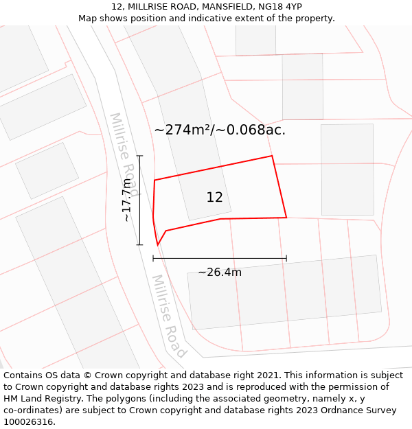 12, MILLRISE ROAD, MANSFIELD, NG18 4YP: Plot and title map