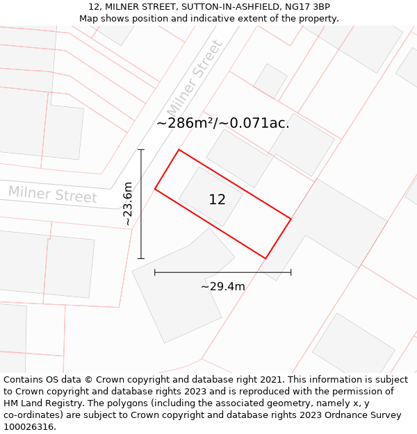 12, MILNER STREET, SUTTON-IN-ASHFIELD, NG17 3BP: Plot and title map