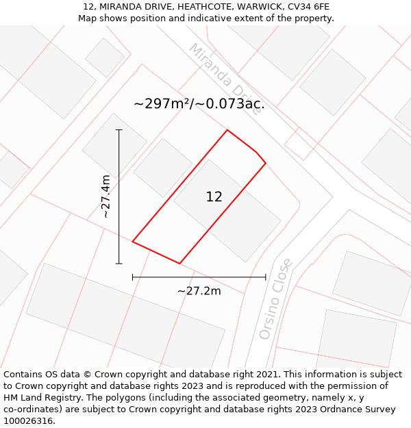 12, MIRANDA DRIVE, HEATHCOTE, WARWICK, CV34 6FE: Plot and title map