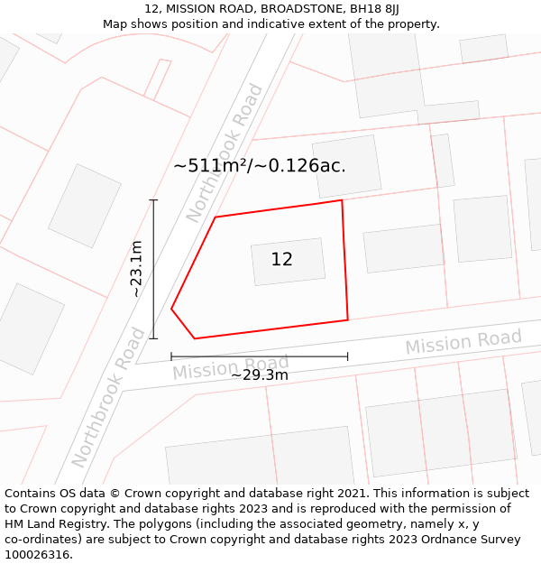 12, MISSION ROAD, BROADSTONE, BH18 8JJ: Plot and title map