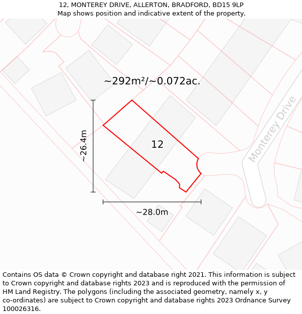 12, MONTEREY DRIVE, ALLERTON, BRADFORD, BD15 9LP: Plot and title map