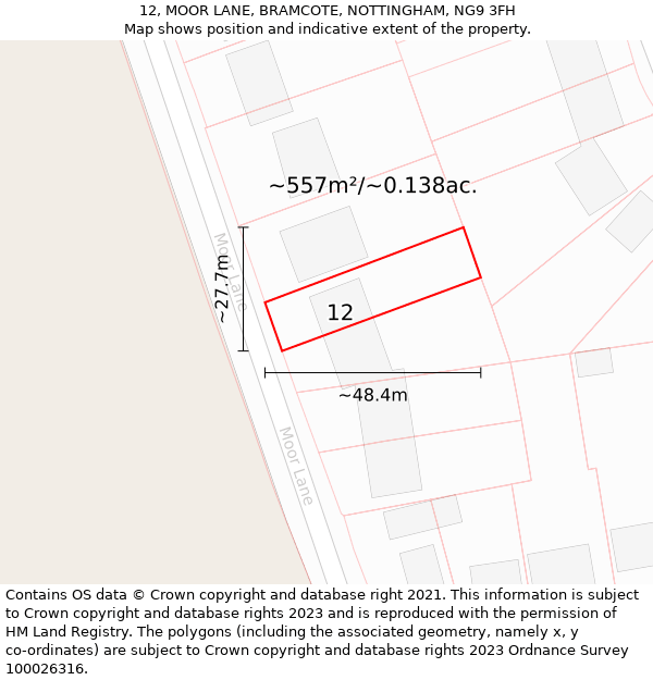 12, MOOR LANE, BRAMCOTE, NOTTINGHAM, NG9 3FH: Plot and title map