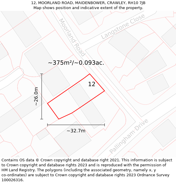12, MOORLAND ROAD, MAIDENBOWER, CRAWLEY, RH10 7JB: Plot and title map
