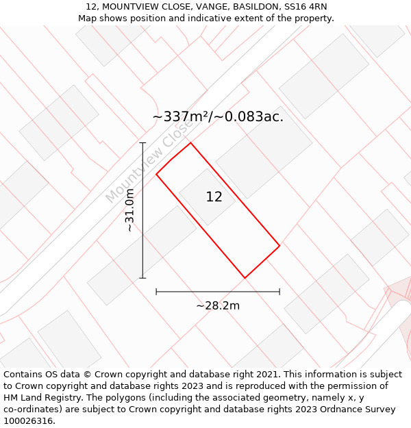 12, MOUNTVIEW CLOSE, VANGE, BASILDON, SS16 4RN: Plot and title map