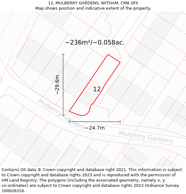 12, MULBERRY GARDENS, WITHAM, CM8 2PX: Plot and title map