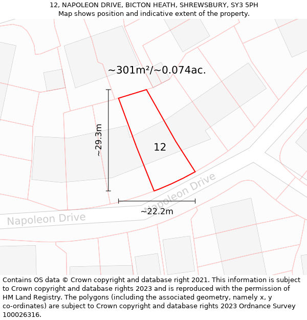 12, NAPOLEON DRIVE, BICTON HEATH, SHREWSBURY, SY3 5PH: Plot and title map