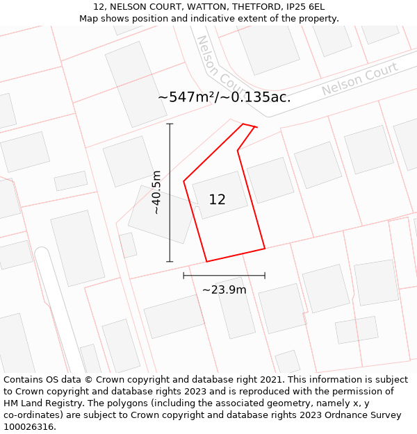 12, NELSON COURT, WATTON, THETFORD, IP25 6EL: Plot and title map