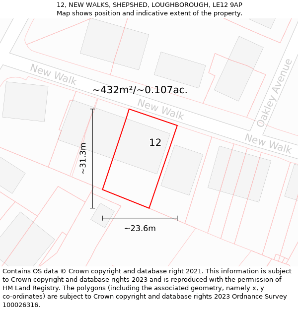 12, NEW WALKS, SHEPSHED, LOUGHBOROUGH, LE12 9AP: Plot and title map