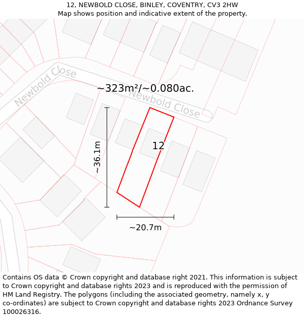 12, NEWBOLD CLOSE, BINLEY, COVENTRY, CV3 2HW: Plot and title map