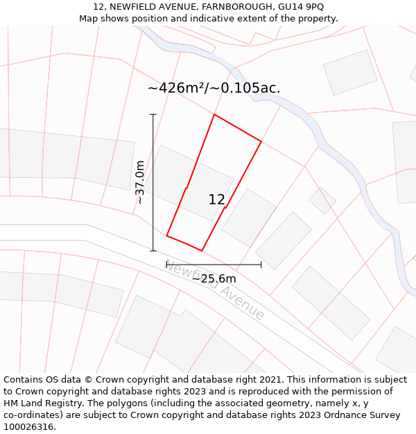 12, NEWFIELD AVENUE, FARNBOROUGH, GU14 9PQ: Plot and title map