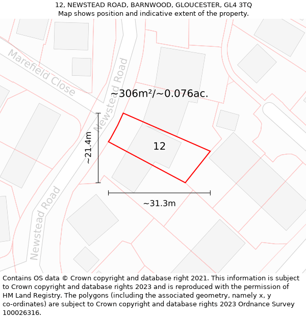 12, NEWSTEAD ROAD, BARNWOOD, GLOUCESTER, GL4 3TQ: Plot and title map