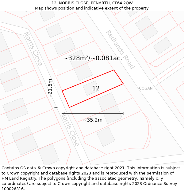 12, NORRIS CLOSE, PENARTH, CF64 2QW: Plot and title map