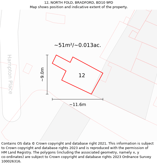 12, NORTH FOLD, BRADFORD, BD10 9PD: Plot and title map