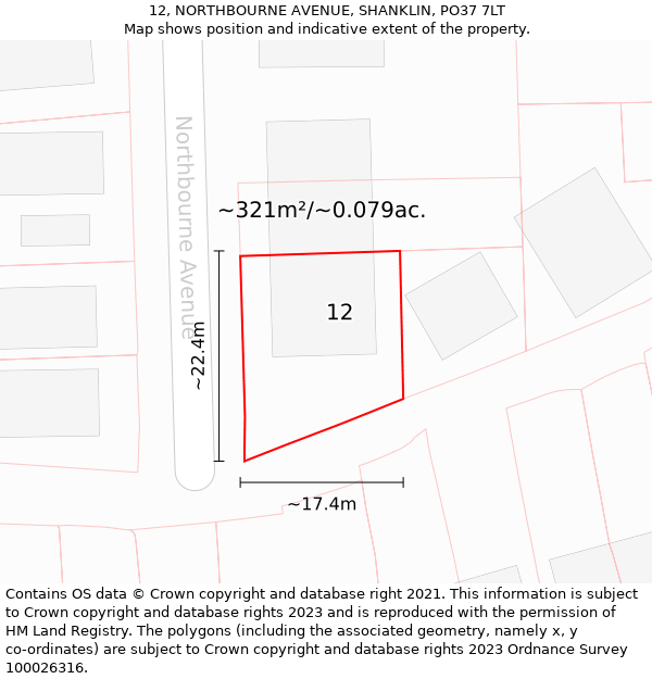 12, NORTHBOURNE AVENUE, SHANKLIN, PO37 7LT: Plot and title map