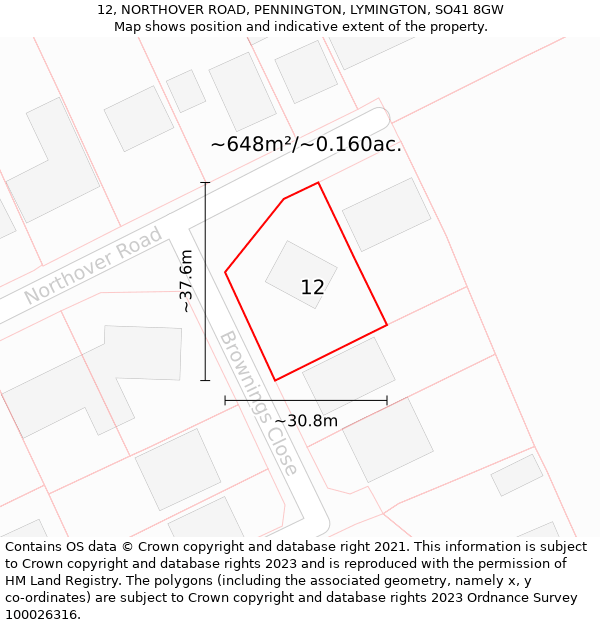 12, NORTHOVER ROAD, PENNINGTON, LYMINGTON, SO41 8GW: Plot and title map