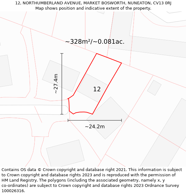 12, NORTHUMBERLAND AVENUE, MARKET BOSWORTH, NUNEATON, CV13 0RJ: Plot and title map