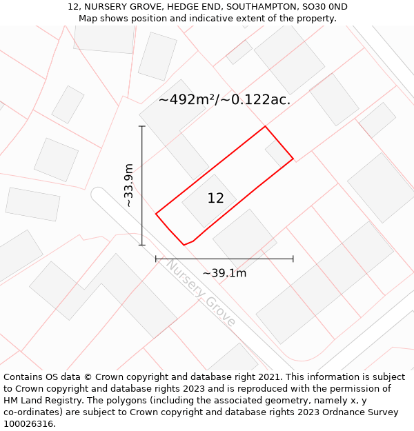 12, NURSERY GROVE, HEDGE END, SOUTHAMPTON, SO30 0ND: Plot and title map