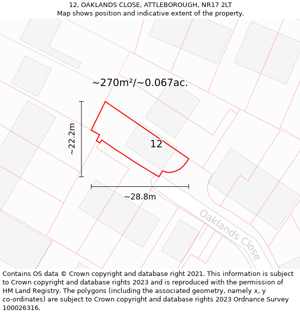 12, OAKLANDS CLOSE, ATTLEBOROUGH, NR17 2LT: Plot and title map