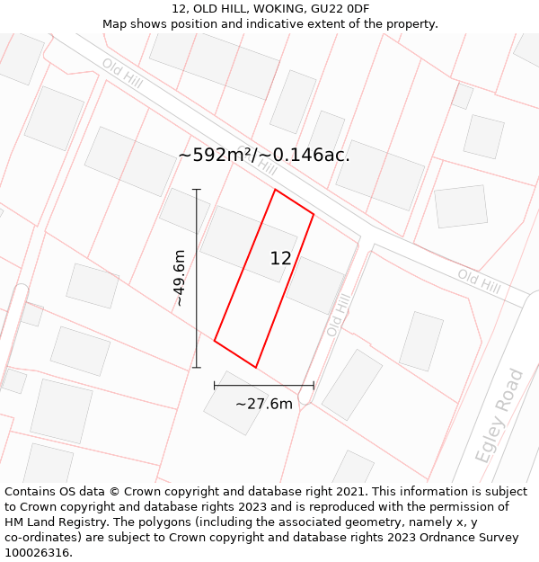 12, OLD HILL, WOKING, GU22 0DF: Plot and title map