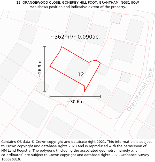 12, ORANGEWOOD CLOSE, GONERBY HILL FOOT, GRANTHAM, NG31 8QW: Plot and title map