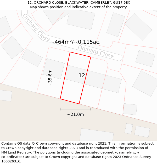 12, ORCHARD CLOSE, BLACKWATER, CAMBERLEY, GU17 9EX: Plot and title map