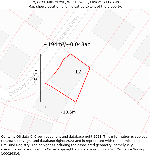 12, ORCHARD CLOSE, WEST EWELL, EPSOM, KT19 9NS: Plot and title map