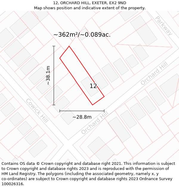 12, ORCHARD HILL, EXETER, EX2 9ND: Plot and title map