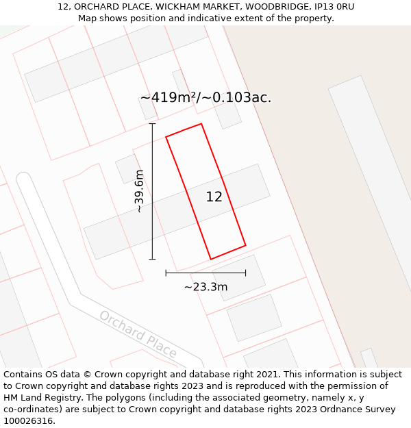 12, ORCHARD PLACE, WICKHAM MARKET, WOODBRIDGE, IP13 0RU: Plot and title map