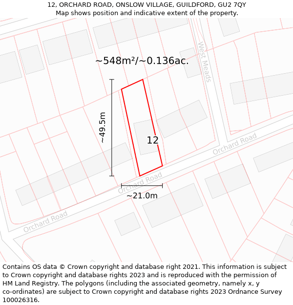 12, ORCHARD ROAD, ONSLOW VILLAGE, GUILDFORD, GU2 7QY: Plot and title map