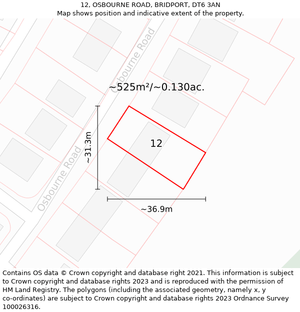 12, OSBOURNE ROAD, BRIDPORT, DT6 3AN: Plot and title map