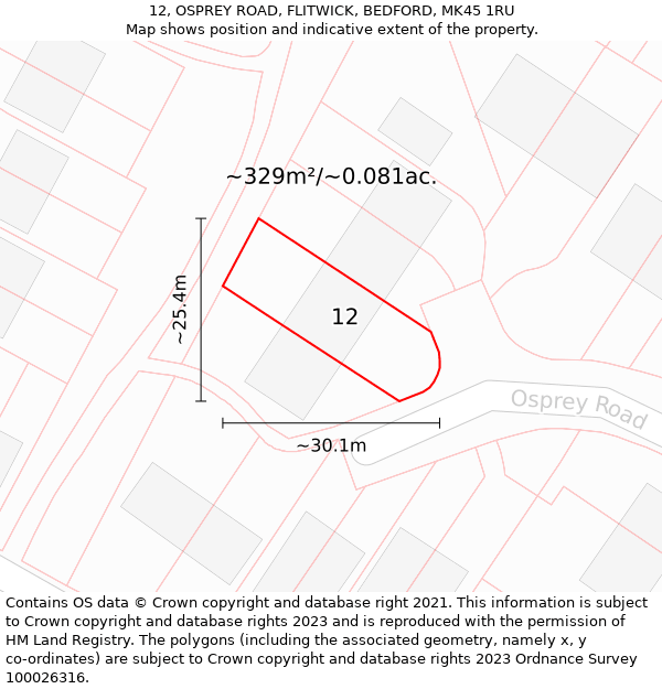 12, OSPREY ROAD, FLITWICK, BEDFORD, MK45 1RU: Plot and title map