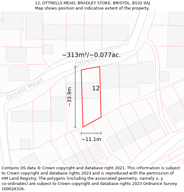 12, OTTRELLS MEAD, BRADLEY STOKE, BRISTOL, BS32 0AJ: Plot and title map